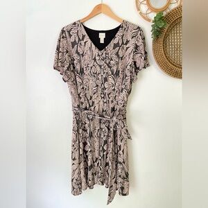 Chico’s stretch knit tie waist dress 3 XL black cream tan V neck floral flare